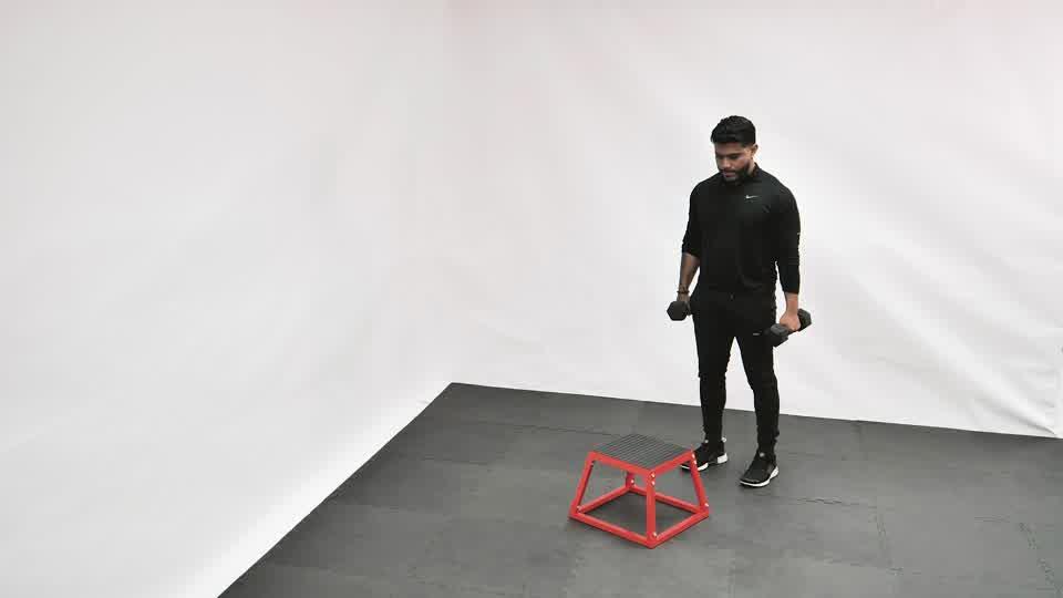Dumbbell Bicep Curl Step-Up Demonstration