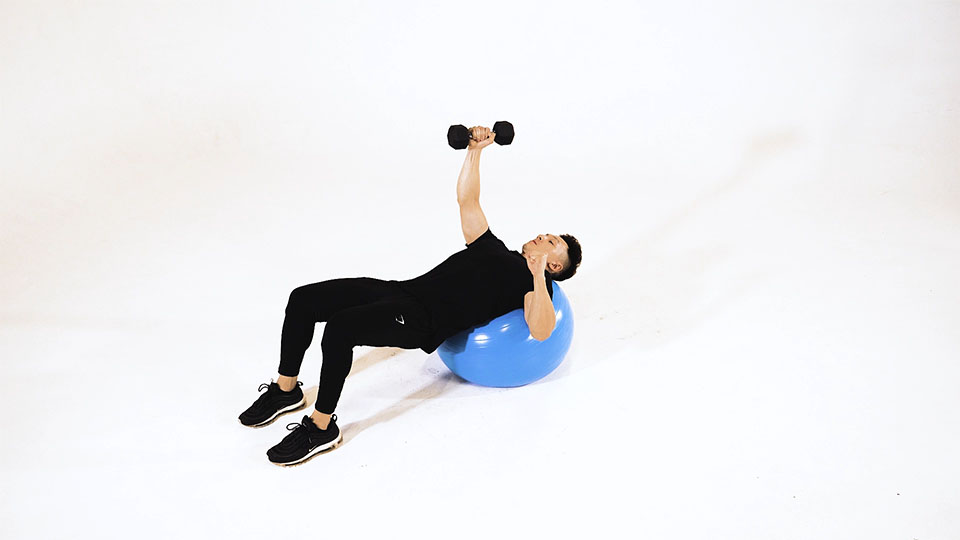 Dumbbell Incline One-Arm Fly on Stability Ball