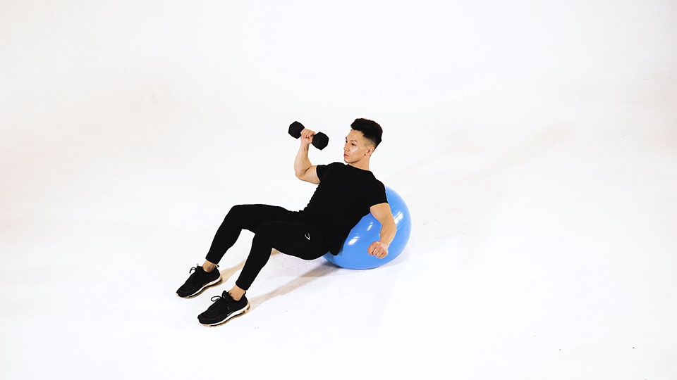 Dumbbell Incline One-Arm Press (Stability Ball) exercise