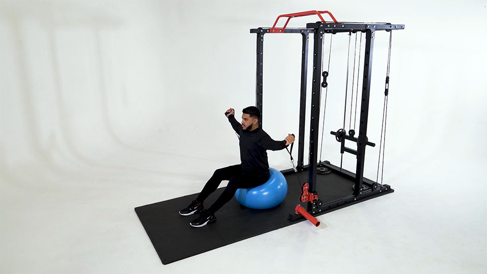 Cable Dual Overhead Curl (Stability Ball) exercise