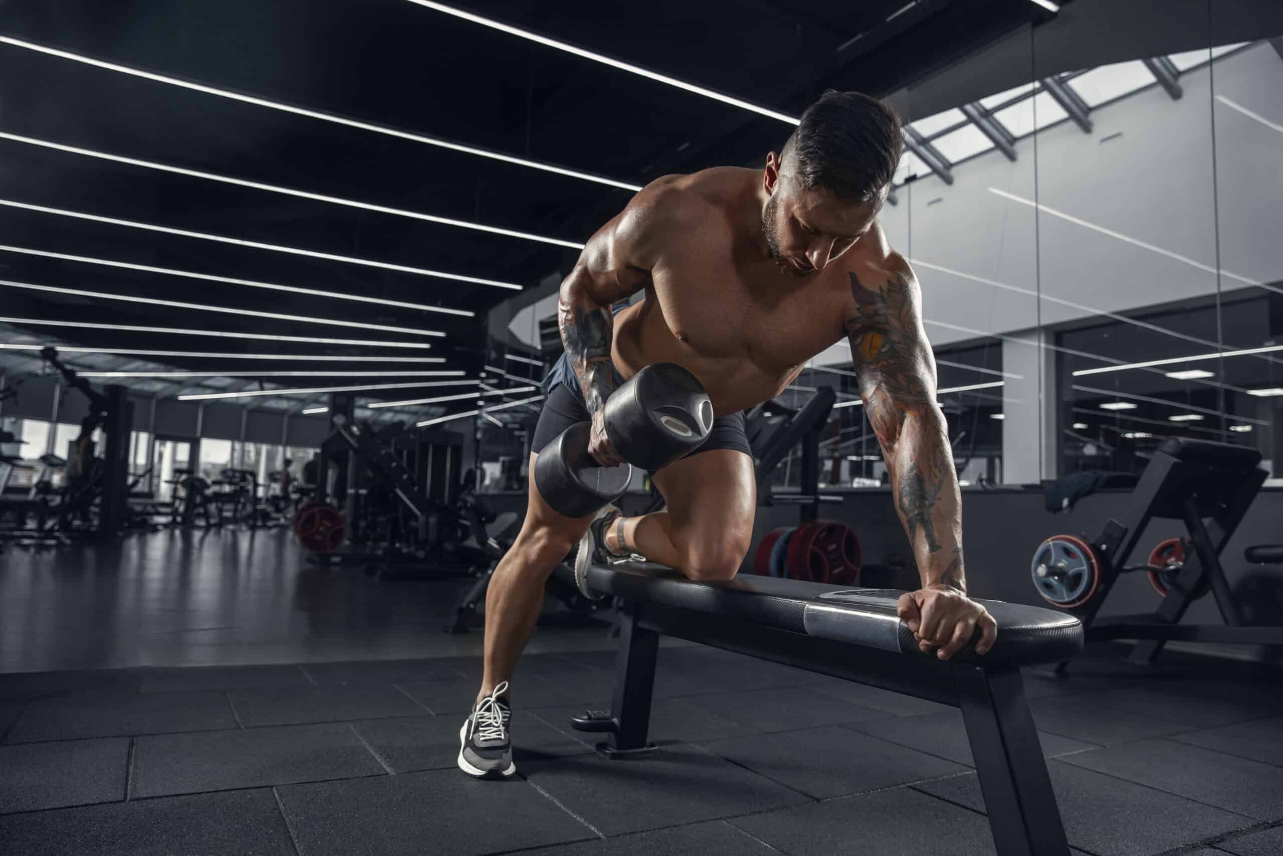 muscular man lifting dumbbell at gym