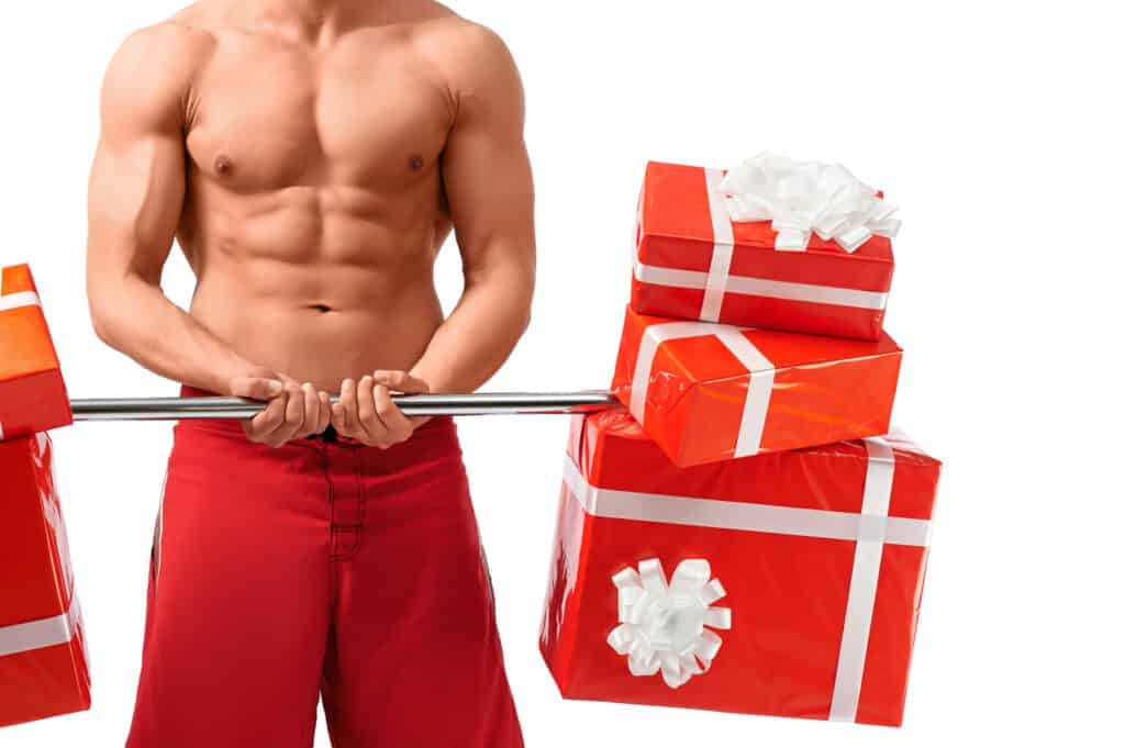 man holding barbell with gifts for weights