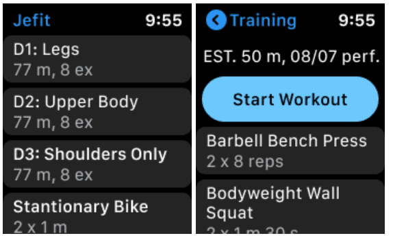 screenshots of jefit watch app